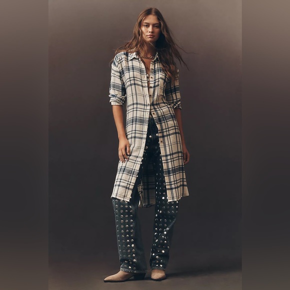 NWT Anthropologie Pilcro Side-Slit Maci Tunic Buttondown in Ivory Plaid, size L - Picture 2 of 12